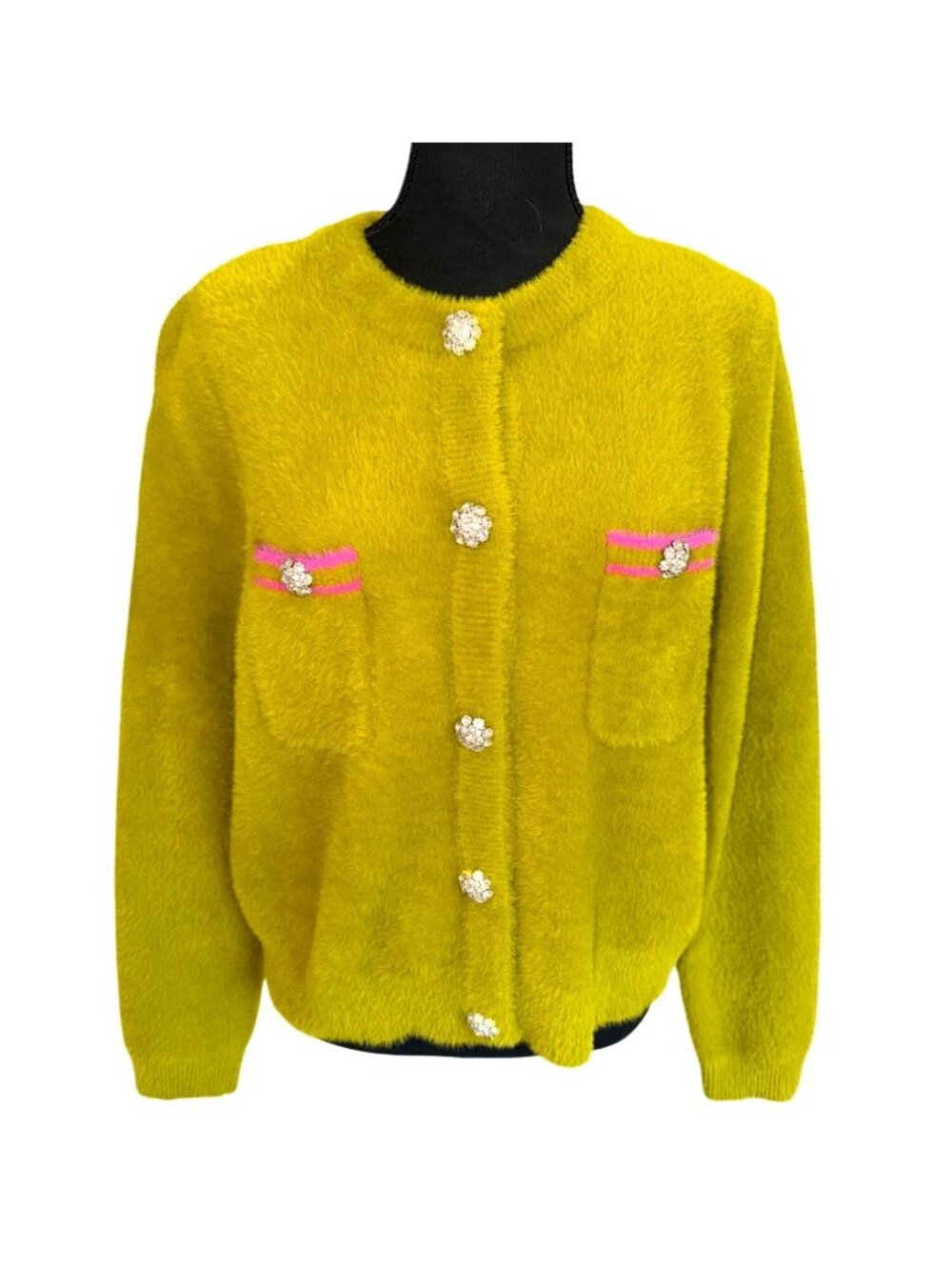 NTW Ivy Jane Womens Mustard/Lime Fuzzy Cardigan Sweater Rhinestone Pink Trim S